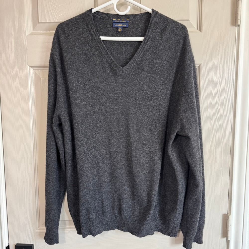 Club Room Cashmere Mens XL Charcoal Gray V-Neck Sweater Classic Staple Casual